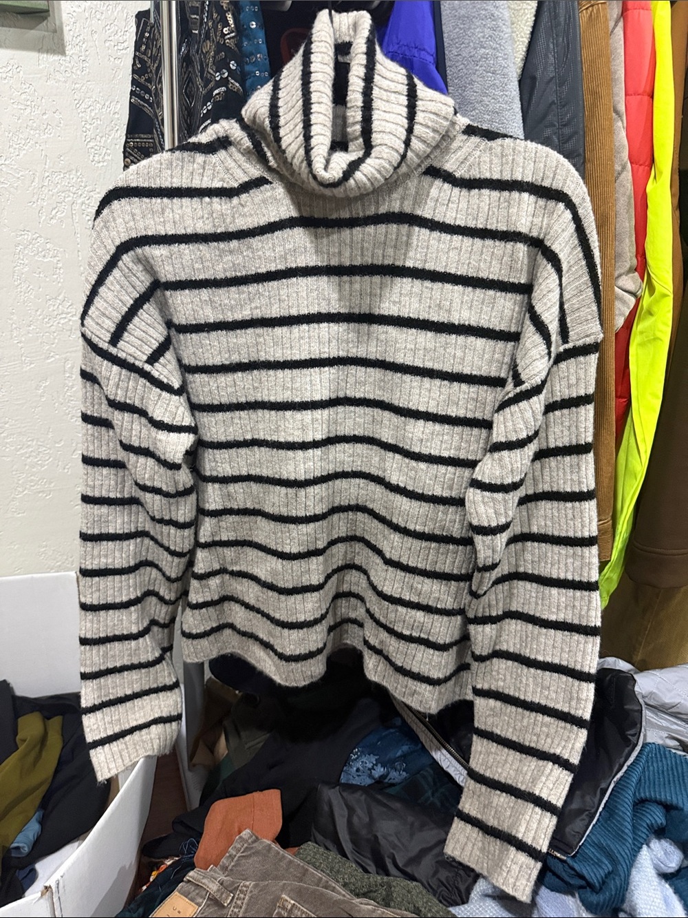 H&M Cream and Black Striped Cowl Neck Sweater
